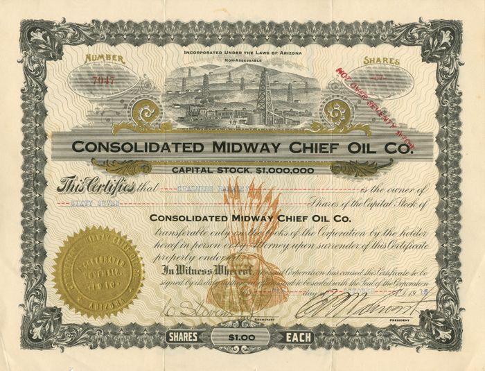 Consolidated Midway Chief Oil Co. - Stock Certificate